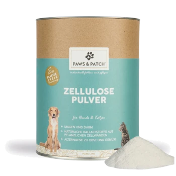 Dose mit der Aufschrift 'PAWS & PATCH' und 'ZELLULOSE PULVER', mit Hund- und Katzenillustrationen und einem kleinen Haufen weißem Pulver.