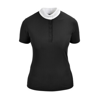 Schwarzes Poloshirt mit kurzen Ärmeln, einem weißen perforierten Kragen und einer geknöpften Leiste.