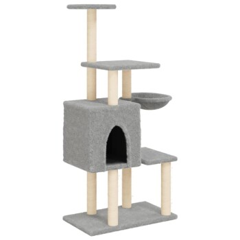 Grauer Katzenbaum mit mehreren Ebenen, einem gemütlichen Versteck und einer hängenden Schüssel, entworfen zum Klettern und Entspannen.