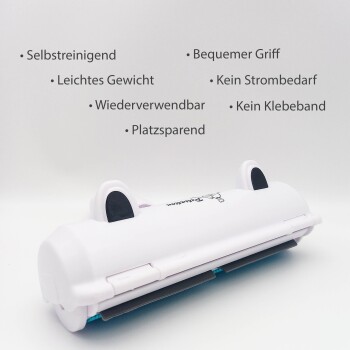 Weiches Haustierpflegewerkzeug mit komfortablem Griff, selbstreinigend, leicht und ohne Strombedarf. Der Text hebt sich auf Deutsch hervor.