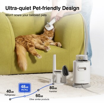 Orangefarbene Katze döst auf einem grünen Sofa und wird mit einem ultra-leisen Staubsauger gepflegt; Text Ultra-quiet Pet-friendly Design.