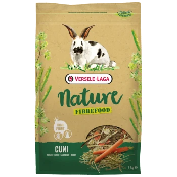 Torba 1 kg Versele-Laga Nature Fibrefood dla królików, z ilustracją czarno-białego królika, z etykietami 'High Fibre' i 'CUNI'.