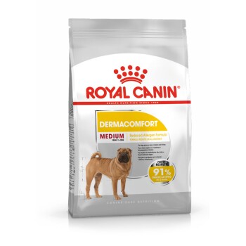 Royal Canin Dermacomfort Hundefutterbeutel mit einem mittelgroßen Hund auf der Vorderseite, beschriftet mit "Reduzierte Allergenformel" und dem Text "91% der Besitzer zufrieden".