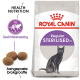 Royal Canin Regular Sterilised 37 kattenvoer zak met een illustratie van een grijze kat, met tekst die gezondheidsvoeding en gewichtsbeheer benadrukt.