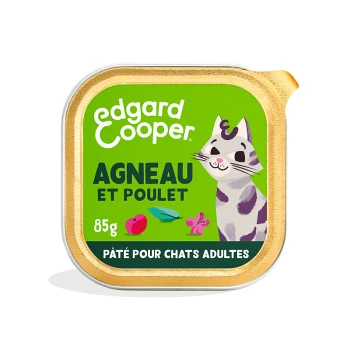 Conteneur vert de pâté pour chats Edgard Cooper avec une illustration de chat joueur, étiqueté "Agneau et Poulet" et "85g Pâté pour chats adultes."