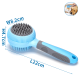 Blaue Haustierpflegebürste mit runder Kopf und Metallborsten, 22 cm lang, 8,2 cm breit und 4,7 cm hoch.