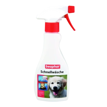 Un flacon pulvérisateur étiqueté "beaphar Schnellwäsche" avec des images d'un chien et d'un chat, conçu pour un nettoyage rapide des animaux de compagnie.