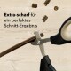 Ein Paar Scheren, das einen Stock schneidet, mit dem Text 'Extra-scharf für ein perfektes Schnitt-Ergebnis' darüber.