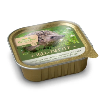 Goldfarbener Futterbehälter für Haustiere, beschriftet mit "Igel-Futter" mit einem Igel auf Gras, der Zutaten für die Unterstützung von Wildigeln auflistet.