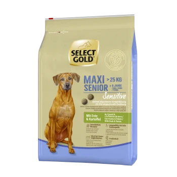 Select Gold Maxi Senior Hundefutterbeutel, 25 kg, entwickelt für Hunde über 8 Jahre. Enthält eine sensitive Formel mit Ente und Kartoffel.