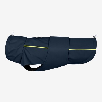 Marineblaue Hundejacke mit einem gelben reflektierenden Streifen, mit einer Reißverschlusstasche und verstellbaren Riemen.