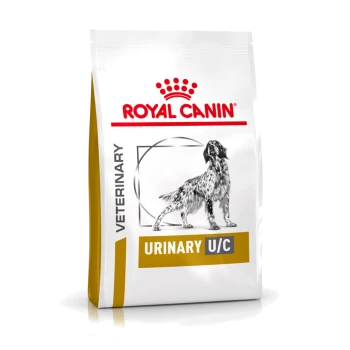Royal Canin Veterinär Urinary U/C Hundefutterbeutel mit einer Silhouette eines Hundes, auf dem der Markenname und die Produktdetails deutlich angezeigt werden.