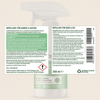 250 ml Abwehrspray für Hunde und Katzen. Anweisungen in Deutsch und Englisch. Enthält Wasser, Lavendelöl und Geraniol.