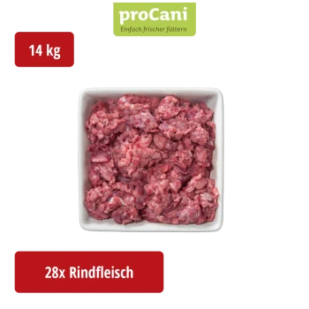Packung proCani rohes Rinderkopf-Fleisch für Hunde, vakuumverpackt mit Etikett, das eine Hundenase und Produktdetails zeigt.
