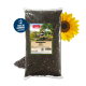 1-kg-Sack schwarze Sonnenblumenkerne, PANTO-Label mit Vogel, Aufschrift 'Sonnenblumenkerne schwarz' und 'Made in Hamburg', Sonnenblume