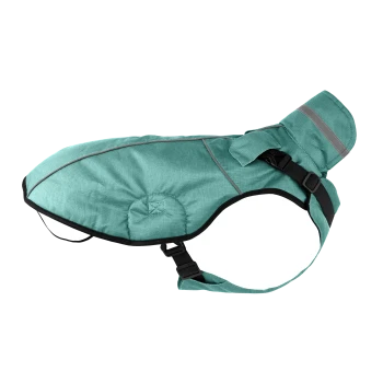 Eine türkisfarbene Hundeschwimmweste mit reflektierenden Streifen, verstellbaren Riemen und einem gepolsterten Design für Komfort und Sicherheit.