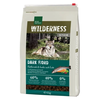 4 kg Sack Real Nature Wilderness Senior Hundefutter mit "DARK FIORD"-Etikett, mit Wolf und Wald. 60% Fleisch, 40% Pflanzen, keine Körner.
