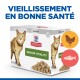 Sac de nourriture pour chat Hill's Science Plan Senior Vitality avec une image de chat, des icônes de poulet et de poisson, et le texte "Vieillissement en bonne santé."