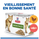Sac de nourriture pour chat Hill's Science Plan Senior Vitality avec une image de chat, des icônes de poulet et de poisson, et le texte "Vieillissement en bonne santé."