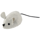 Jouet pour chat en forme de souris en peluche grise avec yeux noirs, nez et longue queue noire.