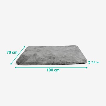 Graue, samtige rechteckige Haustiermatte flach liegend mit angegebenen Maßen: 100 cm (Breite), 70 cm (Tiefe), 2,5 cm (Dicke).
