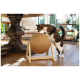 Un chat tigré joueur interagit avec un poteau à gratter en sisal rond sur un sol en bois, avec un salon confortable en arrière-plan.