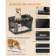 Ein Shiba Inu sitzt in einer schwarzen Haustierbox mit einem plüschigen Kissen, das Sicherheitsmerkmale und Komfortdetails auf Deutsch zeigt.