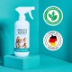 Eine Flasche GREEN HERO Entspannungsspray für Haustiere, mit einer schlafenden Katze, "Nature Knows Best" und "Made in Germany" Logos.