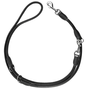Schwarze Leder-Hundeleine mit silbernen Metallclips und Ringen, mit einem gepolsterten Griff für Komfort.