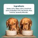 Two golden retrievers eating from white bowls filled with pet food, with a list of ingredients displayed above: Potato, Maize, Fresh Pork, and more.