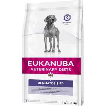 Eukanuba Veterinary Diets Dermatosis FP Hundefutterbeutel, mit einer grauen Hundesilhouette, 5 kg Größe und Text zur diätetischen Unterstützung der Hautfunktion.