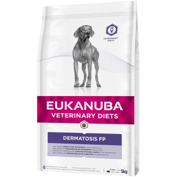 Torba karmy dla psów Eukanuba Veterinary Diets Dermatosis FP, z sylwetką szarego psa, rozmiar 5kg i tekstem o wsparciu dietetycznym dla funkcji skóry.
