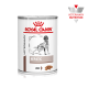 Puszka karmy dla psów od Royal Canin, oznaczona "Hepatic Loaf," z ilustracją psa i tekstem "Żywienie weterynaryjne."