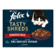 Verpackung für Purina Felix Tasty Shreds Katzenfutter, mit einer verspielten schwarz-weißen Katze, mit einer Schüssel mit zerrissenem Fleisch in Sauce.
