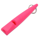 Knallpinkfarbene Kunststoff-Hundepfeife mit Metall-Schlüsselring, geprägt mit dem Text „ACME Made in England“.