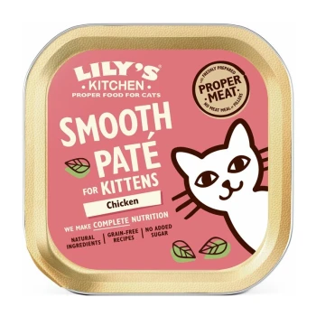 Nassfutter Kitten Smooth Patè Huhn 19x85 g Lily's Kitchen Smooth Paté für Kätzchen, mit Hühnergeschmack, einer Cartoon-Katze und Text über natürliche, getreidefreie, zuckerfreie Zutaten.