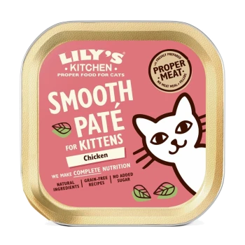 Lily's Kitchen Smooth Paté für Kätzchen, mit Hühnergeschmack, einer Cartoon-Katze und Text über natürliche, getreidefreie, zuckerfreie Zutaten.