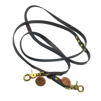 Eine braune Lederleine für Hunde mit goldenen Beschlägen und zwei Clips, mit Holzanhängern mit der Aufschrift "WILDFANG" und "SUNLITFANG".
