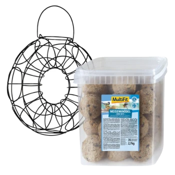 Un conteneur transparent de boules de nourriture pour oiseaux MultiFit Meisenknödel, avec un mangeoire en fil noir en arrière-plan.