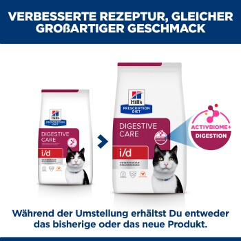 Hill's Prescription Diet Digestive Care i/d Katzenfutterbeutel, alte und neue Verpackung, mit ActivBiome+ Digestion-Logo.