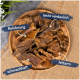 Ein Holzbrett mit getrockneten Haustierleckerlis, beschriftet auf Deutsch: "Belohnung", "leicht verdaulich", "schmackhaft" und "fettarm."