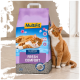 Chat tigré roux à côté d'un sac de litière MultiFit indiquant "KLUMPEND" et "FRESH COMFORT" 20 L