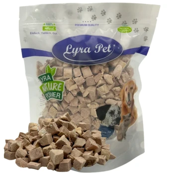 Tüte Lyra Pet gefriergetrockneter Würfel-Leckerlis mit einem Haufen Würfel davor, Aufschrift 'Lyra Pet' und 'Nature Power'.