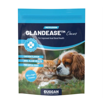 PETFUZION GLANDEASE chews bag with cat and dog photo — chicken flavour, for improved anal gland health; veterinary approved.