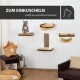 Eine graue Katze entspannt auf einem plüschigen Wandregal, umgeben von Regalen, einem Kratzbaum und einem sternförmigen Korb. Text: "ZUM EINKUSCHELN."