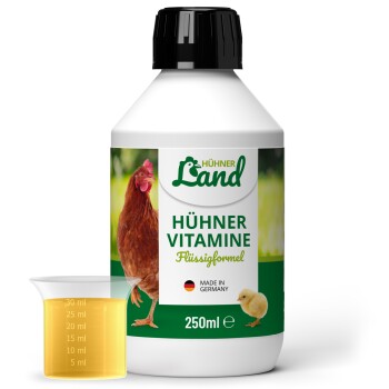 250ml Flasche Hühner Land Hühner Vitamine für Hühner, mit einem Messbecher und einem Huhn und Küken auf dem Etikett.