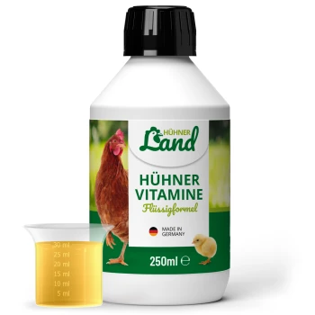 250ml Flasche Hühner Land Hühner Vitamine für Hühner, mit einem Messbecher und einem Huhn und Küken auf dem Etikett.