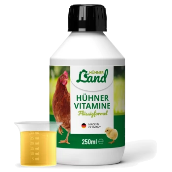 250ml Flasche Hühner Land Hühner Vitamine für Hühner, mit einem Messbecher und einem Huhn und Küken auf dem Etikett.