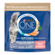 Sachet bleu Purina ONE BIFENSIS pour chats avec chat gris à poils longs, « Spécial Chat Stérilisé », « Saumon », 1,5 kg.