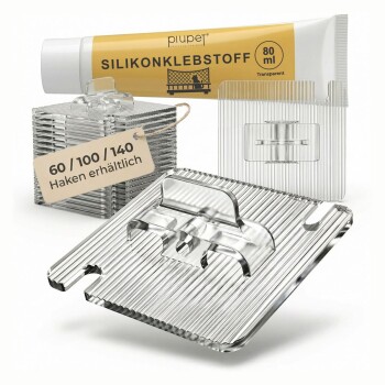 Transparente Acryl-Verbindungsplatten und Clips mit Plupet-Silikonklebstofftube beschriftet 'SILIKONKLEBSTOFF 80 ml' und Schild '60/100/140 Haken erhältlich'.